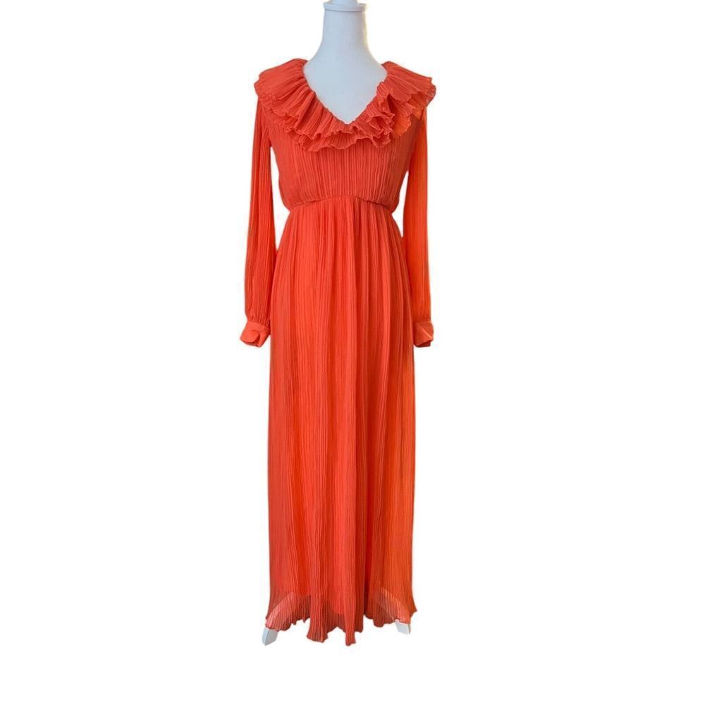 Vintage Joan Leslie By Kasper Pleated Coral Evening Gown Long Sleeve 70s Sz 2